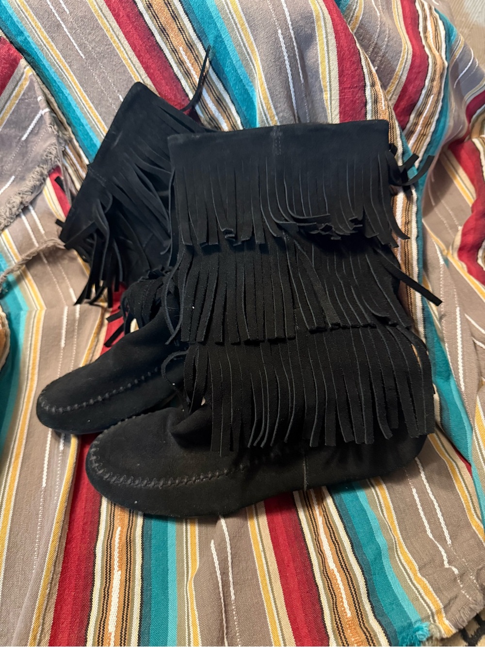 Yellow Box Black Layered Fringe Suede Moccasins